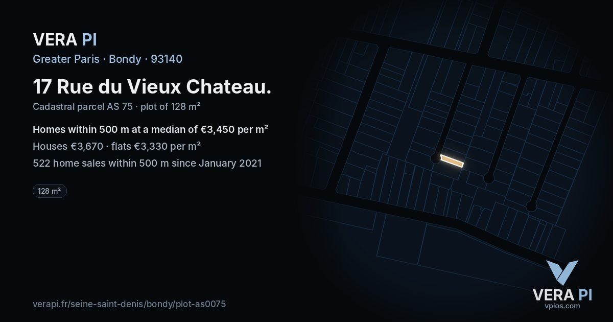 17 Rue du Vieux Chateau, Bondy at night – the plot lit, the parcels around coloured by the prices near them