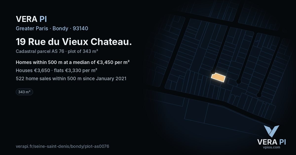 19 Rue du Vieux Chateau, Bondy at night – the plot lit, the parcels around coloured by the prices near them