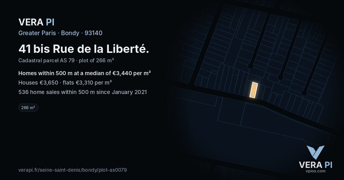 41 bis Rue de la Liberté, Bondy at night – the plot lit, the parcels around coloured by the prices near them
