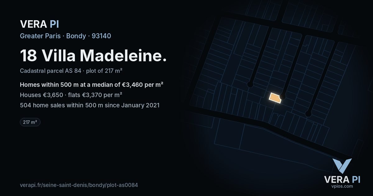 18 Villa Madeleine, Bondy at night – the plot lit, the parcels around coloured by the prices near them