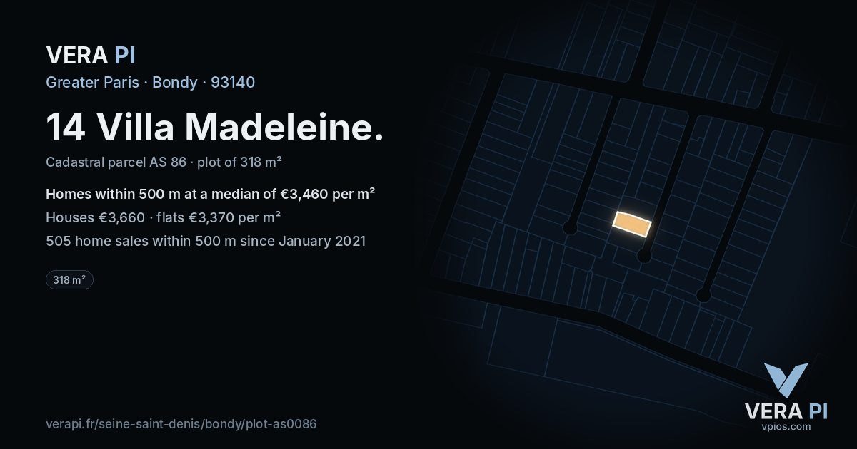14 Villa Madeleine, Bondy at night – the plot lit, the parcels around coloured by the prices near them
