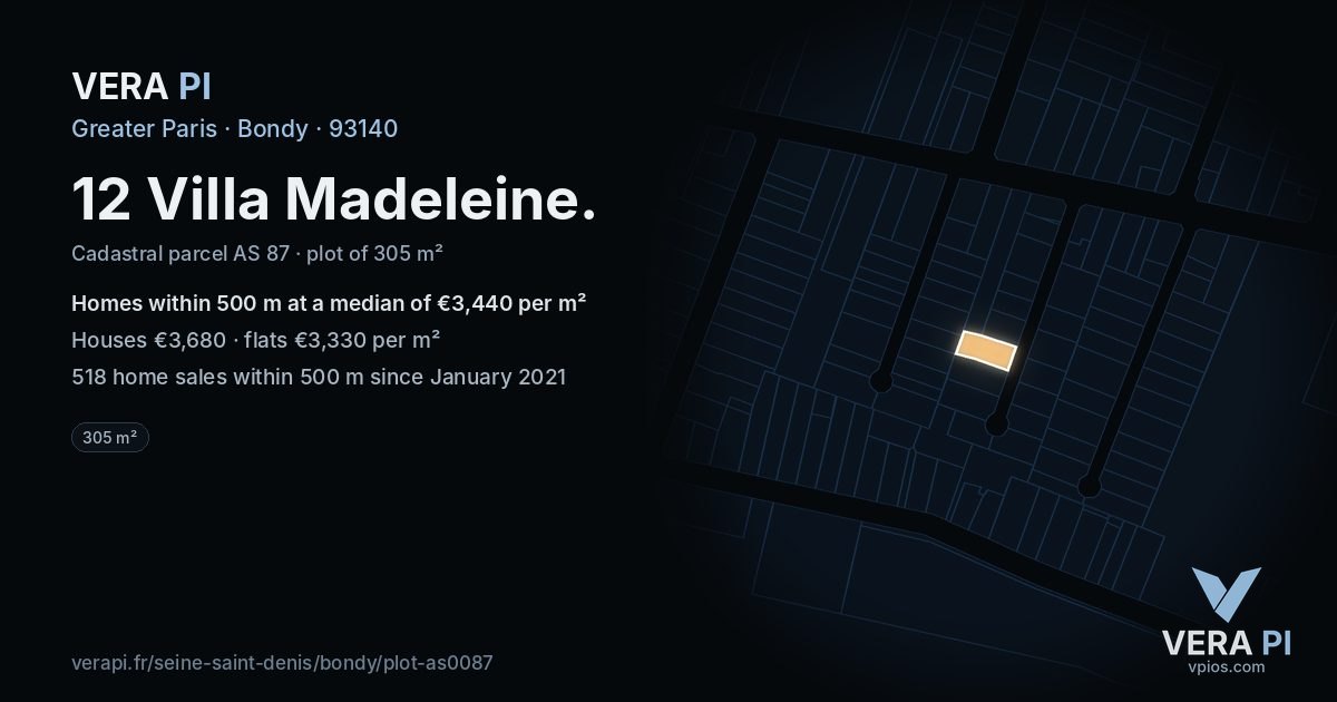 12 Villa Madeleine, Bondy at night – the plot lit, the parcels around coloured by the prices near them