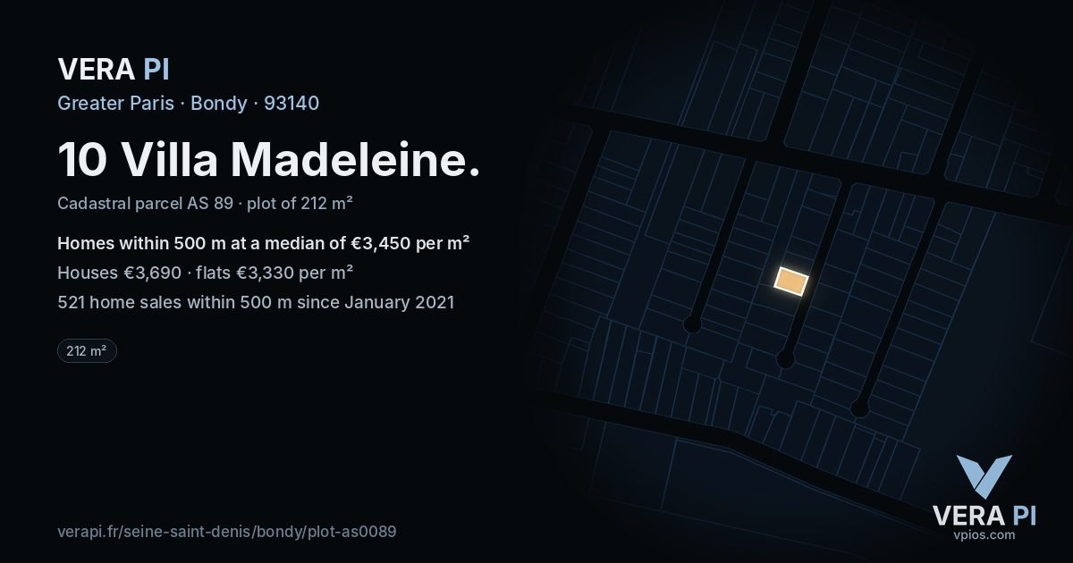 10 Villa Madeleine, Bondy at night – the plot lit, the parcels around coloured by the prices near them