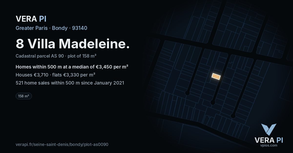 8 Villa Madeleine, Bondy at night – the plot lit, the parcels around coloured by the prices near them