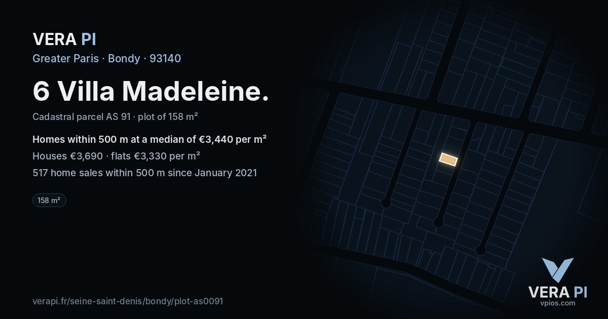 6 Villa Madeleine, Bondy at night – the plot lit, the parcels around coloured by the prices near them