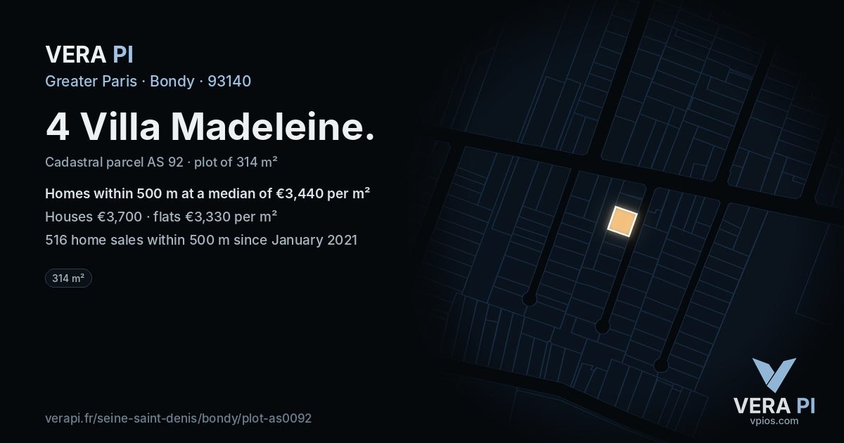 4 Villa Madeleine, Bondy at night – the plot lit, the parcels around coloured by the prices near them