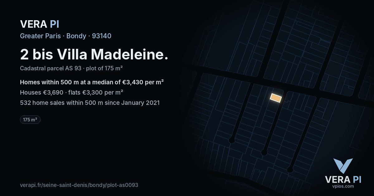 2 bis Villa Madeleine, Bondy at night – the plot lit, the parcels around coloured by the prices near them