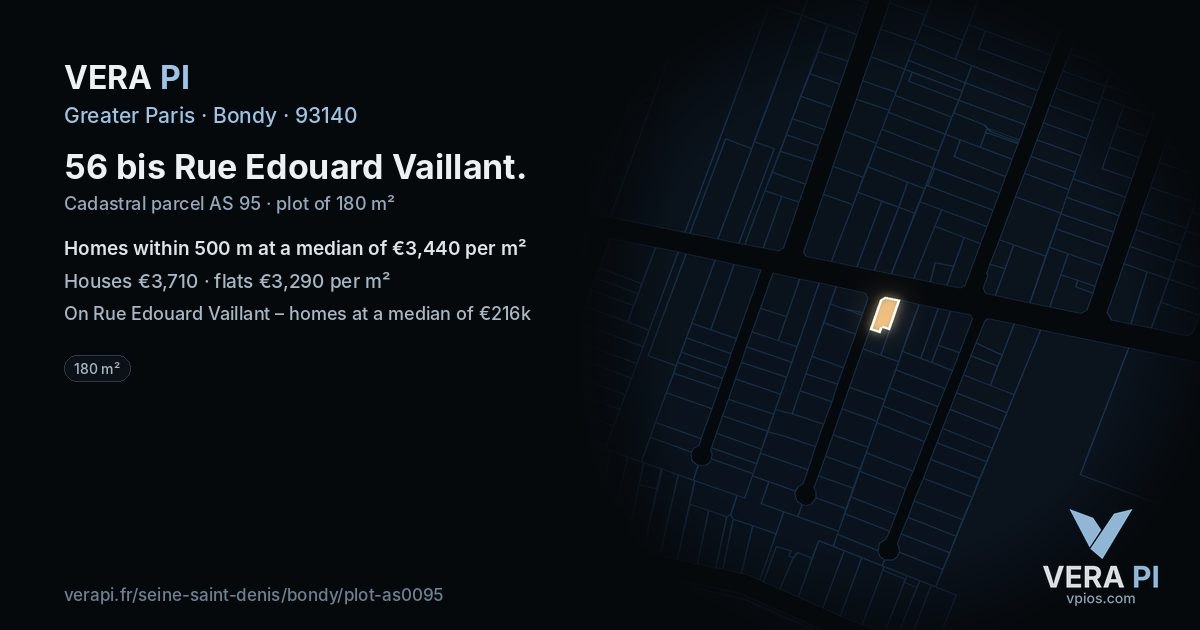 56 bis Rue Edouard Vaillant, Bondy at night – the plot lit, the parcels around coloured by the prices near them