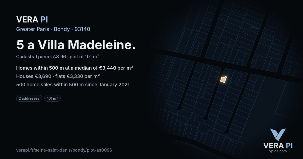 5 a Villa Madeleine, Bondy at night – the plot lit, the parcels around coloured by the prices near them