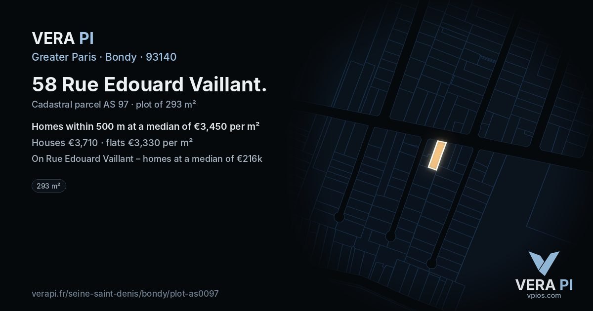 58 Rue Edouard Vaillant, Bondy at night – the plot lit, the parcels around coloured by the prices near them
