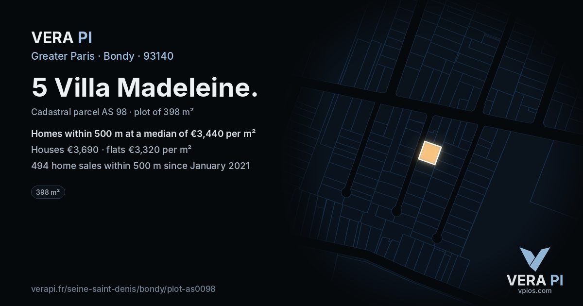 5 Villa Madeleine, Bondy at night – the plot lit, the parcels around coloured by the prices near them