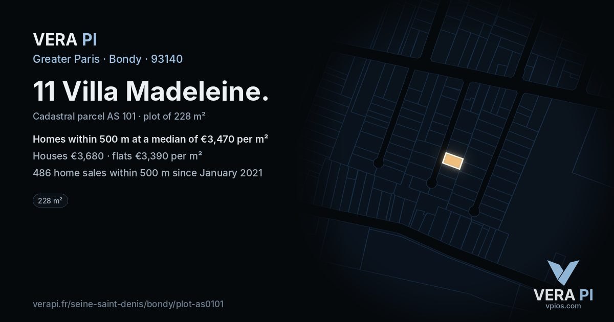 11 Villa Madeleine, Bondy at night – the plot lit, the parcels around coloured by the prices near them