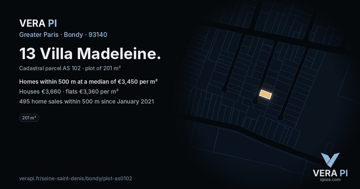 13 Villa Madeleine, Bondy at night – the plot lit, the parcels around coloured by the prices near them