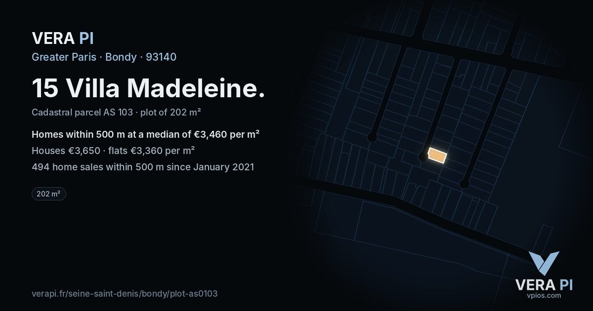 15 Villa Madeleine, Bondy at night – the plot lit, the parcels around coloured by the prices near them
