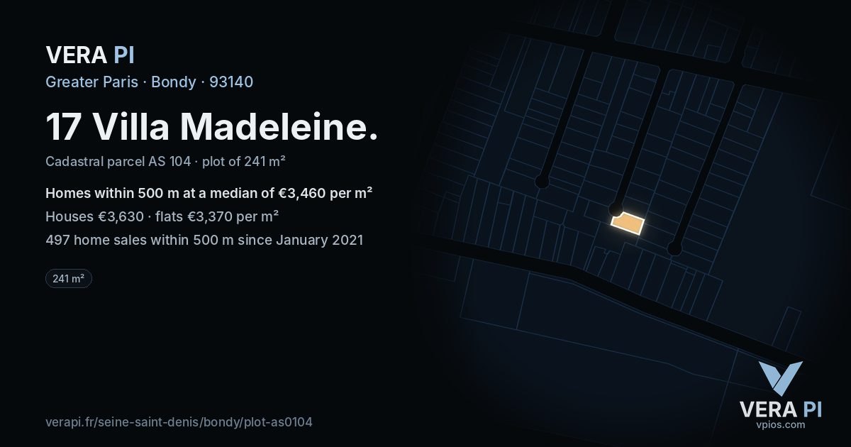 17 Villa Madeleine, Bondy at night – the plot lit, the parcels around coloured by the prices near them