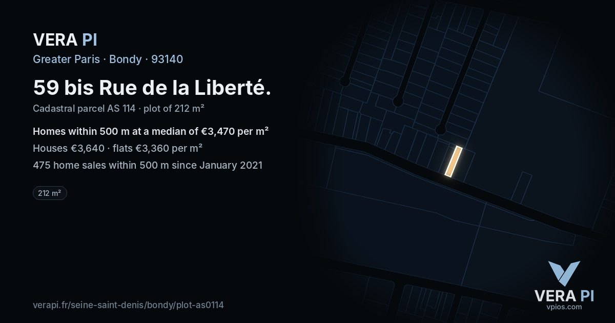 59 bis Rue de la Liberté, Bondy at night – the plot lit, the parcels around coloured by the prices near them