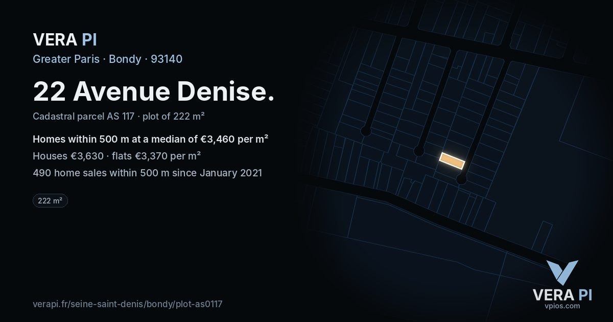 22 Avenue Denise, Bondy at night – the plot lit, the parcels around coloured by the prices near them