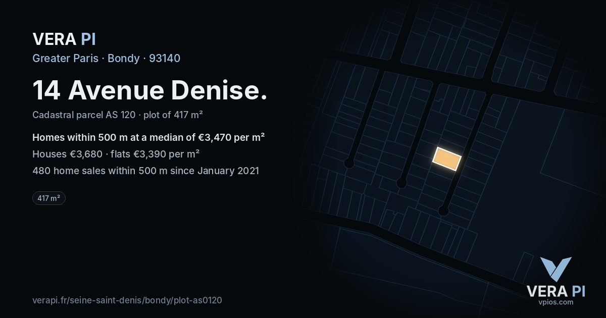 14 Avenue Denise, Bondy at night – the plot lit, the parcels around coloured by the prices near them