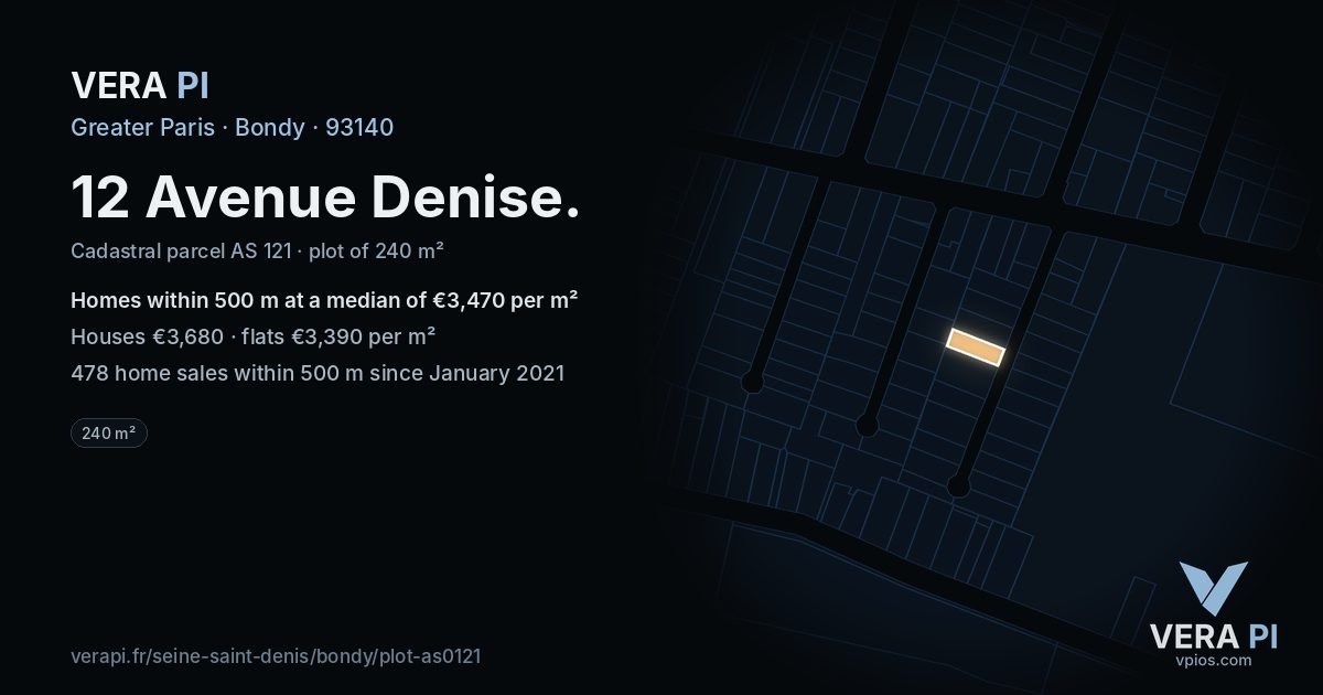 12 Avenue Denise, Bondy at night – the plot lit, the parcels around coloured by the prices near them