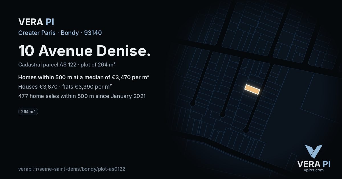 10 Avenue Denise, Bondy at night – the plot lit, the parcels around coloured by the prices near them