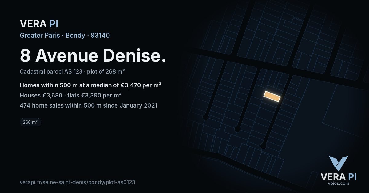 8 Avenue Denise, Bondy at night – the plot lit, the parcels around coloured by the prices near them