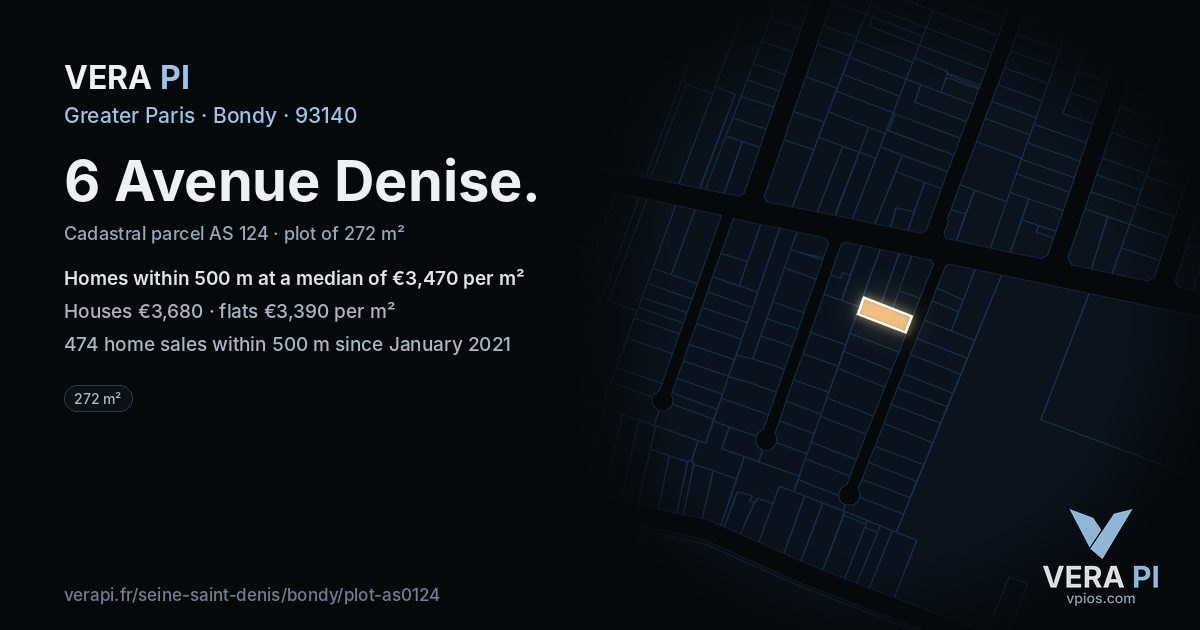 6 Avenue Denise, Bondy at night – the plot lit, the parcels around coloured by the prices near them