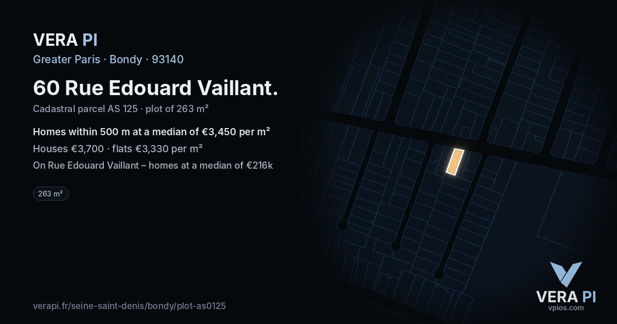 60 Rue Edouard Vaillant, Bondy at night – the plot lit, the parcels around coloured by the prices near them