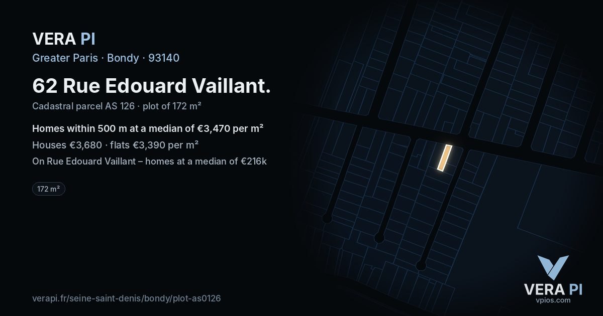 62 Rue Edouard Vaillant, Bondy at night – the plot lit, the parcels around coloured by the prices near them