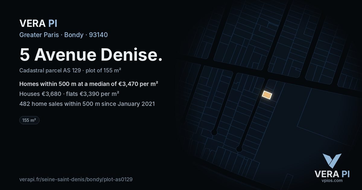 5 Avenue Denise, Bondy at night – the plot lit, the parcels around coloured by the prices near them