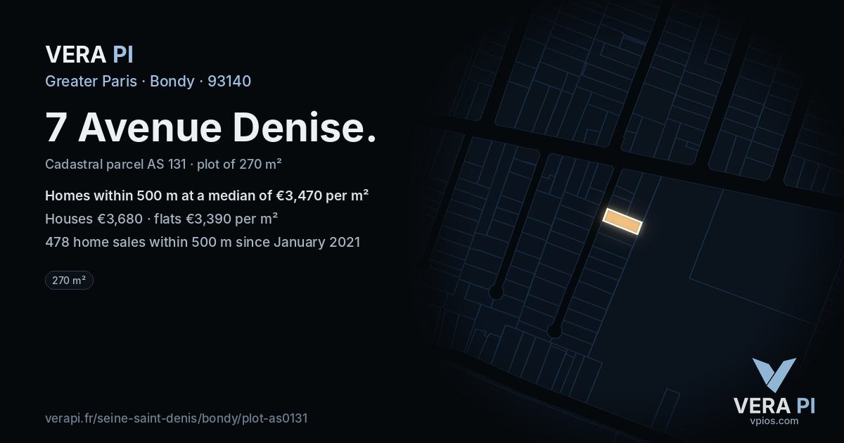 7 Avenue Denise, Bondy at night – the plot lit, the parcels around coloured by the prices near them