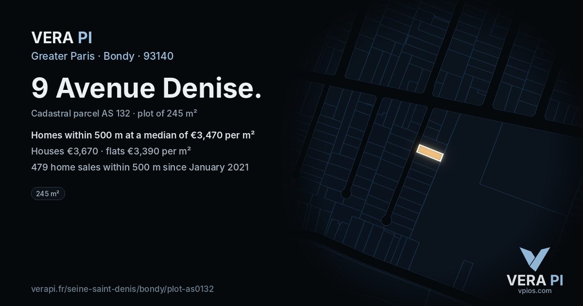 9 Avenue Denise, Bondy at night – the plot lit, the parcels around coloured by the prices near them