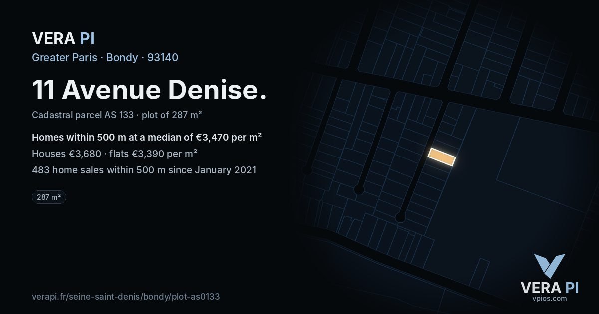 11 Avenue Denise, Bondy at night – the plot lit, the parcels around coloured by the prices near them