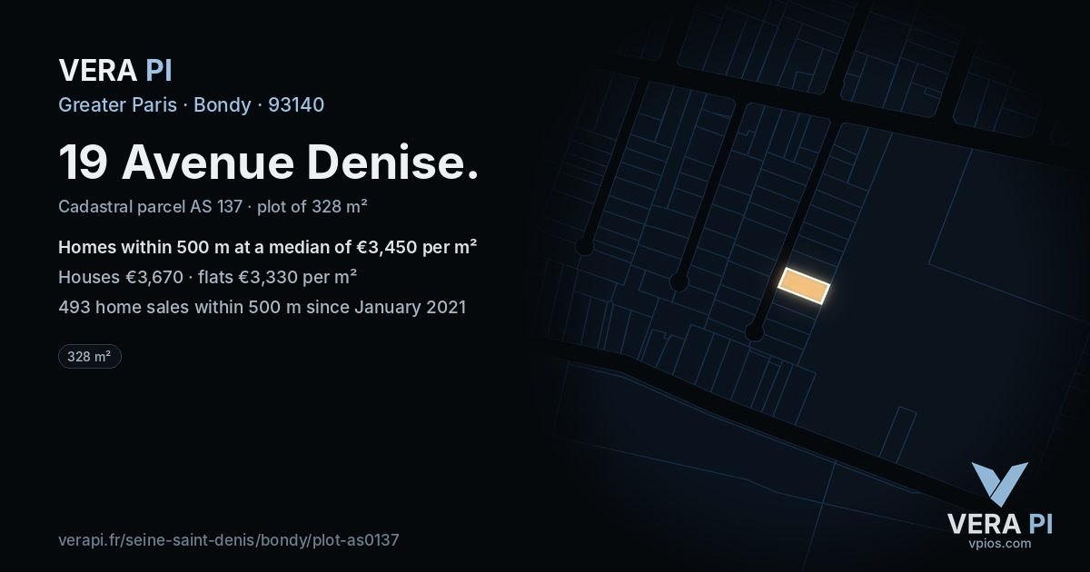 19 Avenue Denise, Bondy at night – the plot lit, the parcels around coloured by the prices near them