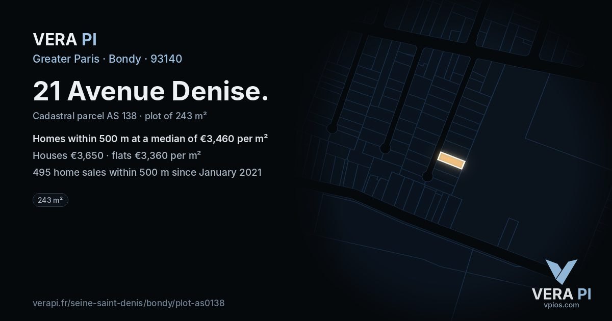 21 Avenue Denise, Bondy at night – the plot lit, the parcels around coloured by the prices near them