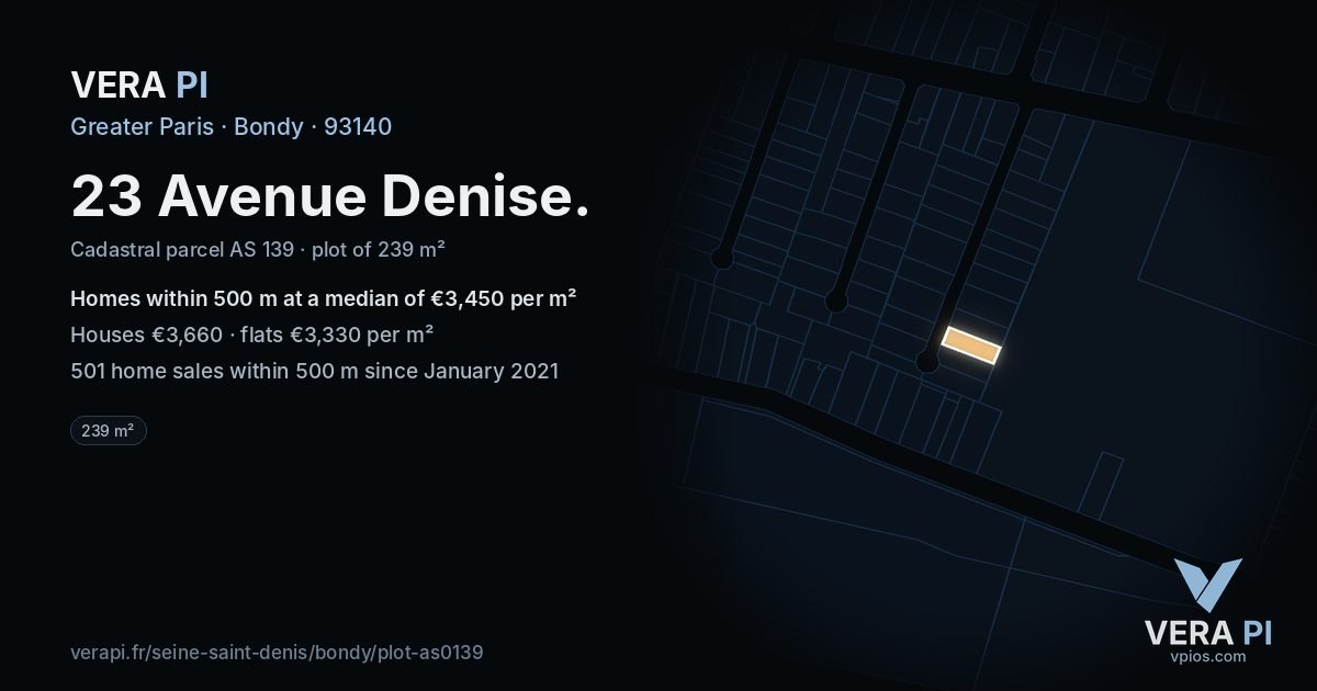23 Avenue Denise, Bondy at night – the plot lit, the parcels around coloured by the prices near them