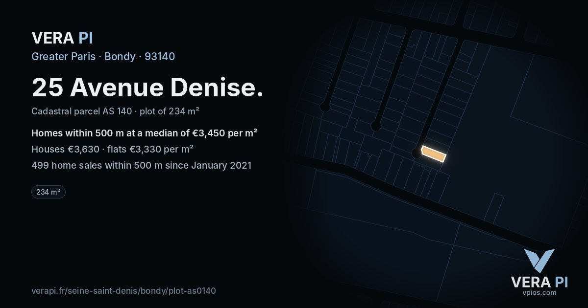 25 Avenue Denise, Bondy at night – the plot lit, the parcels around coloured by the prices near them