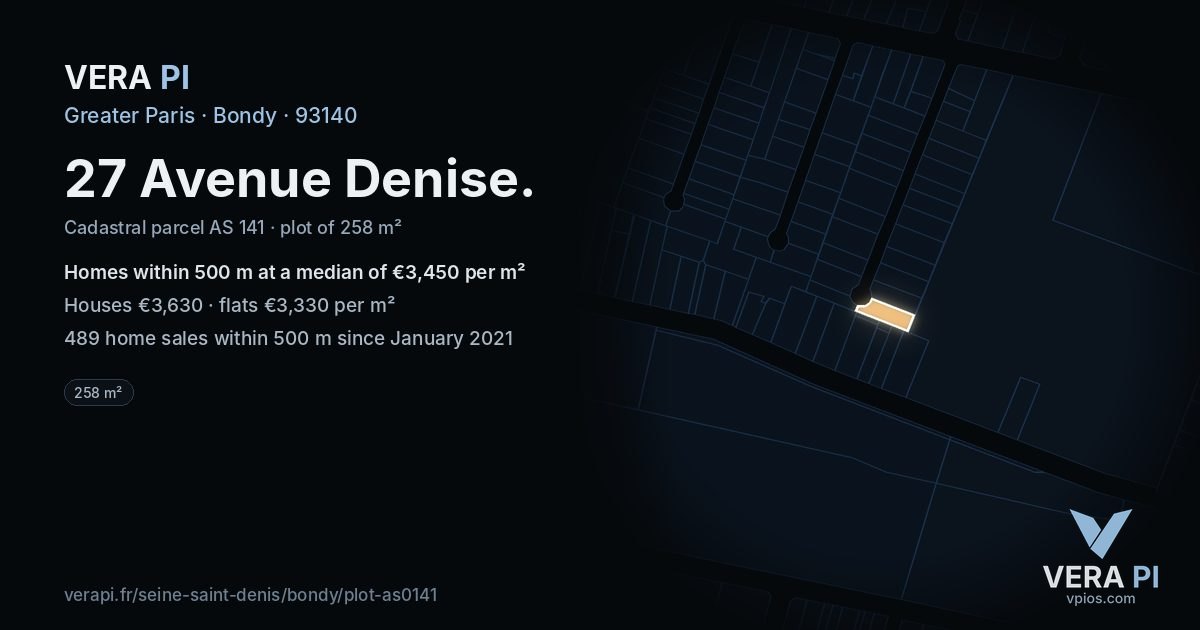 27 Avenue Denise, Bondy at night – the plot lit, the parcels around coloured by the prices near them