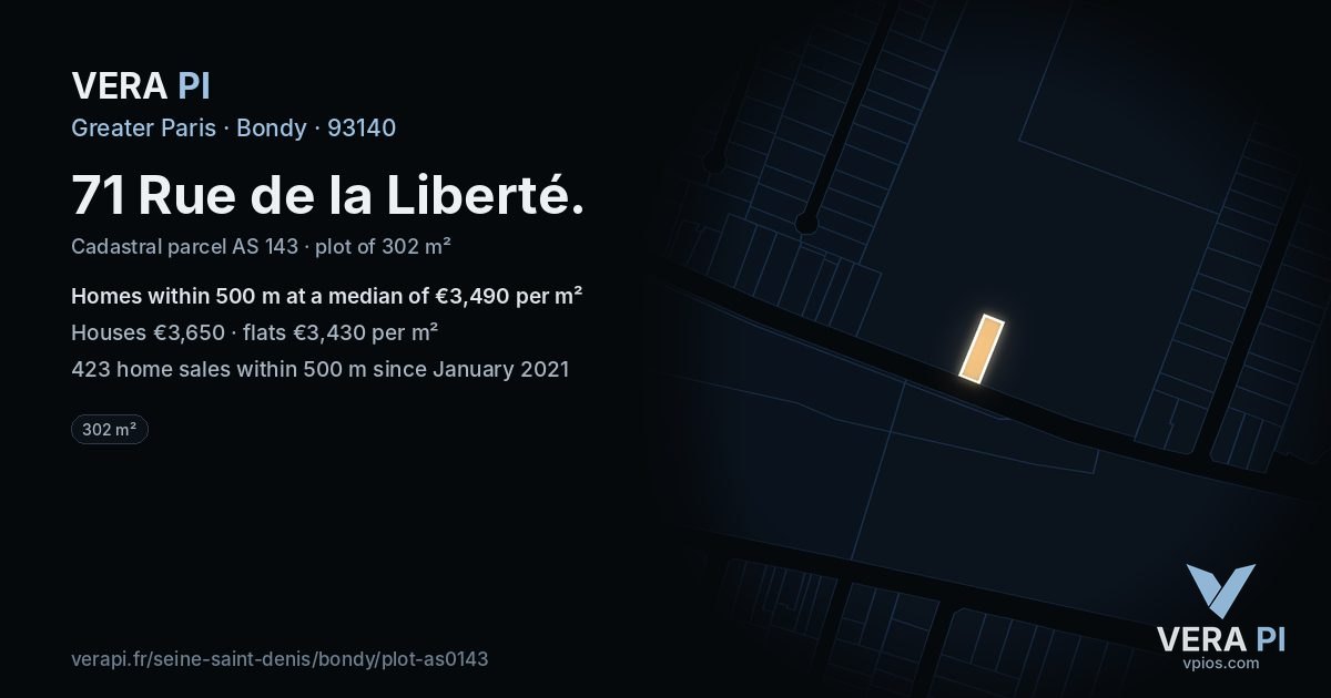 71 Rue de la Liberté, Bondy at night – the plot lit, the parcels around coloured by the prices near them