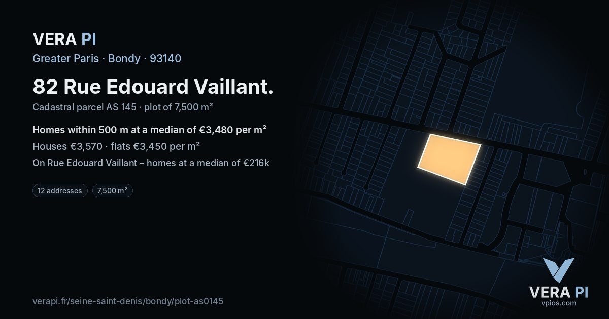 82 Rue Edouard Vaillant, Bondy at night – the plot lit, the parcels around coloured by the prices near them