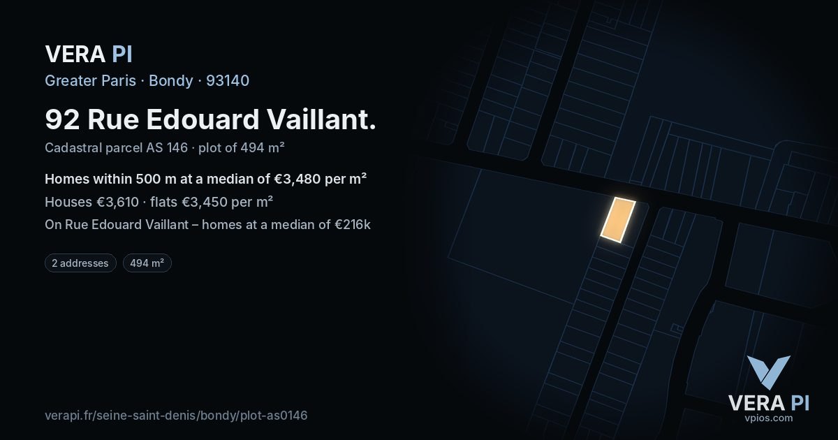 92 Rue Edouard Vaillant, Bondy at night – the plot lit, the parcels around coloured by the prices near them
