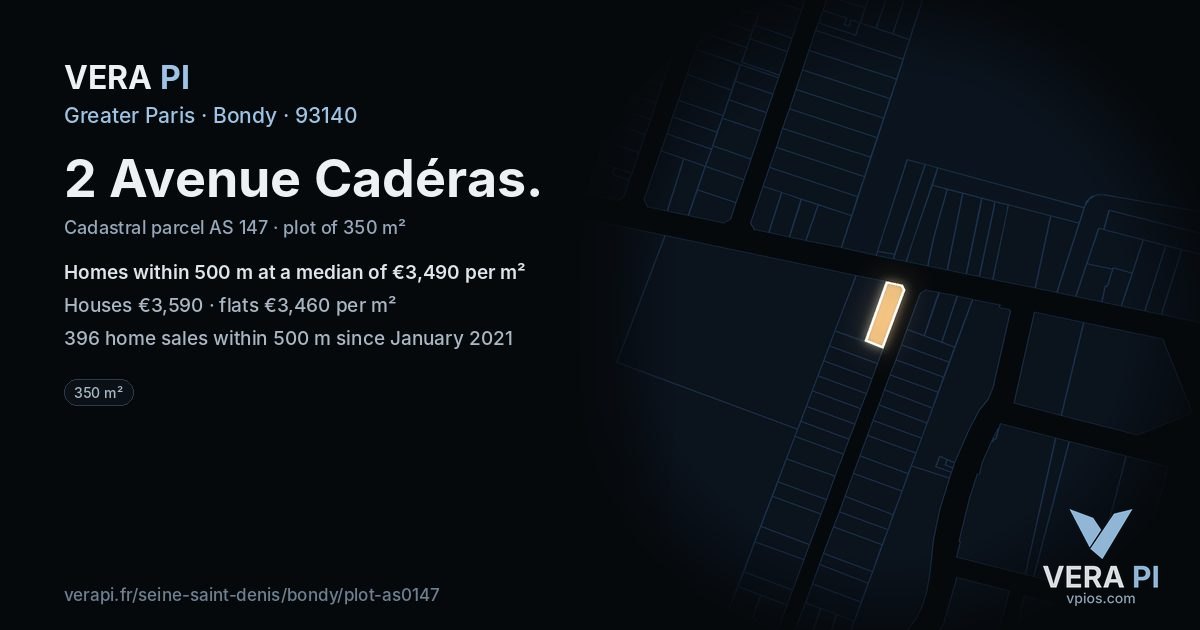 2 Avenue Cadéras, Bondy at night – the plot lit, the parcels around coloured by the prices near them