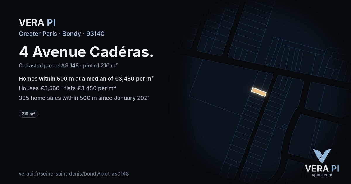 4 Avenue Cadéras, Bondy at night – the plot lit, the parcels around coloured by the prices near them