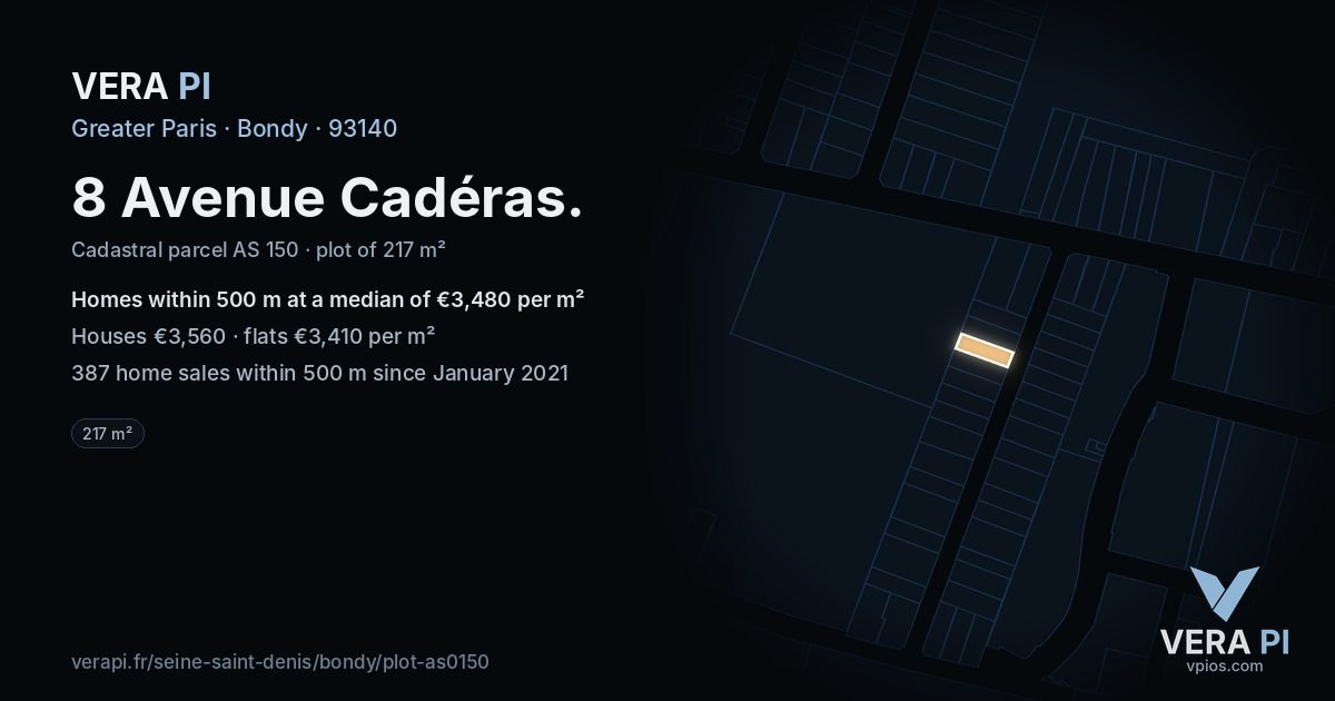 8 Avenue Cadéras, Bondy at night – the plot lit, the parcels around coloured by the prices near them