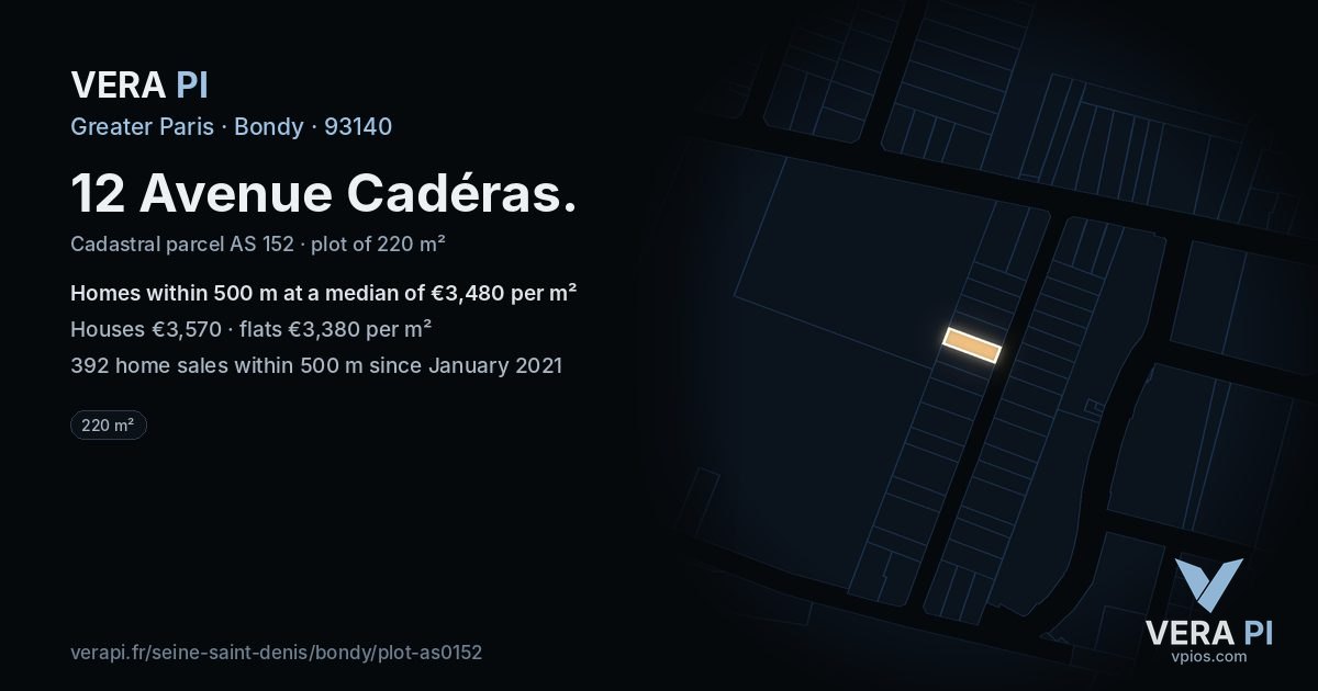 12 Avenue Cadéras, Bondy at night – the plot lit, the parcels around coloured by the prices near them