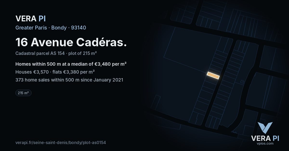 16 Avenue Cadéras, Bondy at night – the plot lit, the parcels around coloured by the prices near them