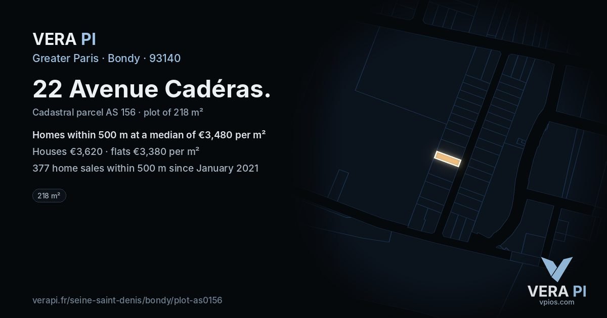 22 Avenue Cadéras, Bondy at night – the plot lit, the parcels around coloured by the prices near them