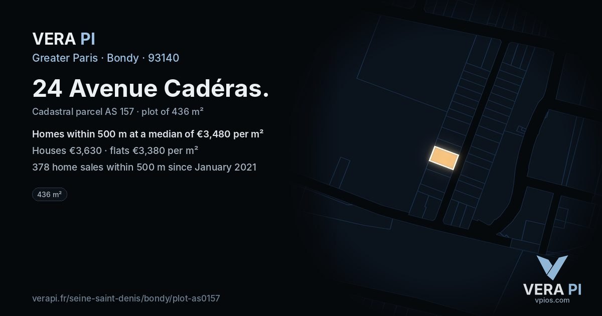 24 Avenue Cadéras, Bondy at night – the plot lit, the parcels around coloured by the prices near them
