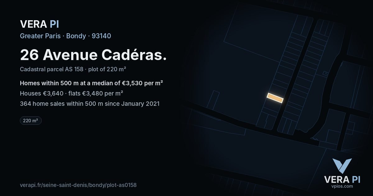 26 Avenue Cadéras, Bondy at night – the plot lit, the parcels around coloured by the prices near them
