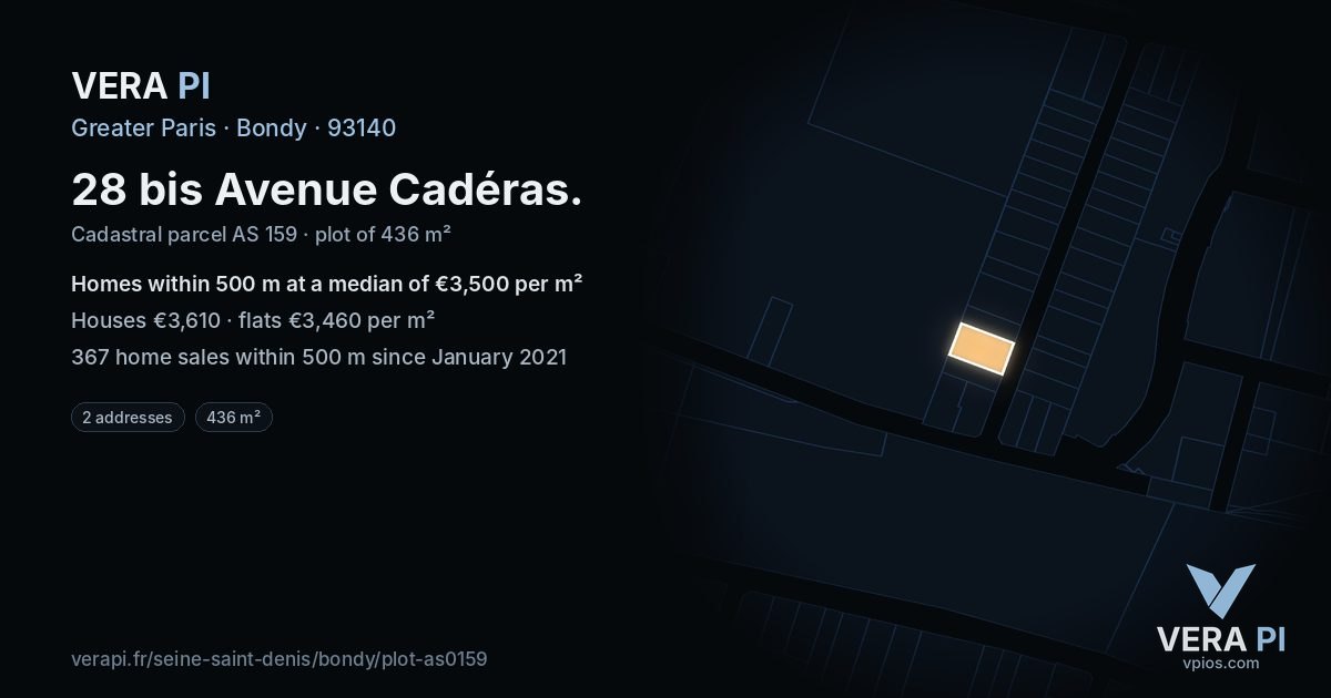 28 bis Avenue Cadéras, Bondy at night – the plot lit, the parcels around coloured by the prices near them