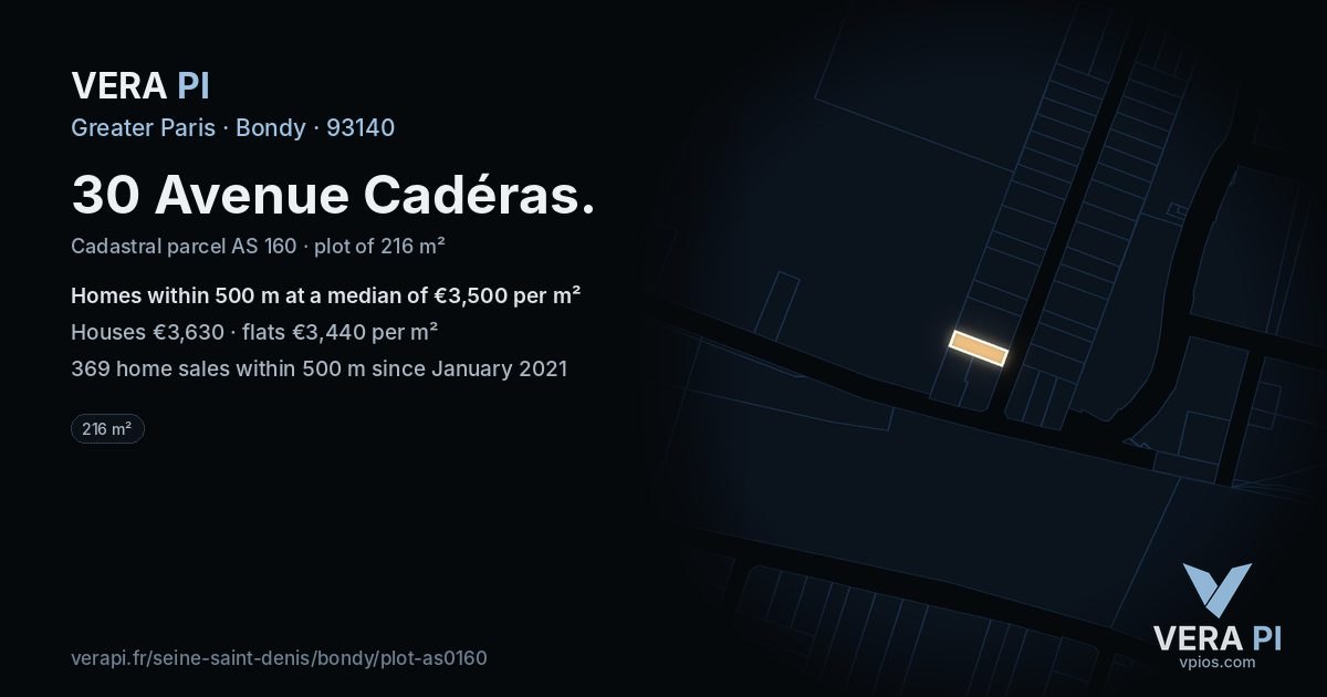 30 Avenue Cadéras, Bondy at night – the plot lit, the parcels around coloured by the prices near them